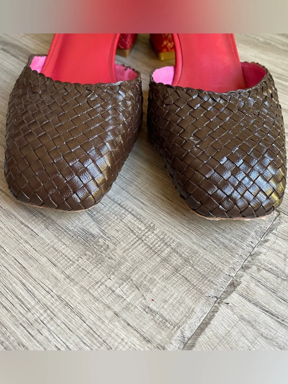 Charlotte Stone Mary Jane Chunky Heel Woven Leather Brown/Red Mod Chic SZ 7